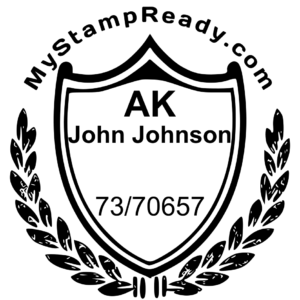 Black shield seal design with a website address for a custom seal embosser