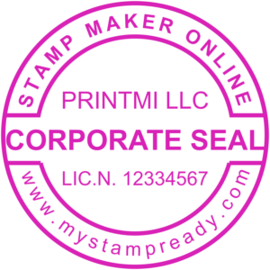 Circle custom stamp in violet color with a company name and website address