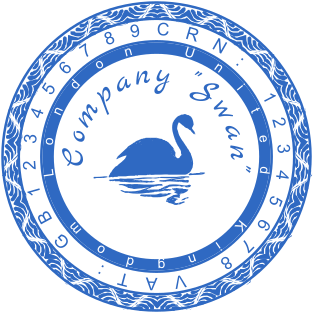 Elegant 40mm Blue Round Rubber Stamp with Protective Border and Swan Logo