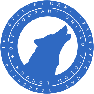 Custo Blue Round Rubber Stamp with Howling Wolf Logo and Text